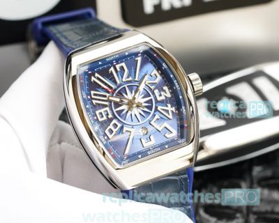 Copy Franck Muller Vanguard V45 SS Blue Face With Leather Strap